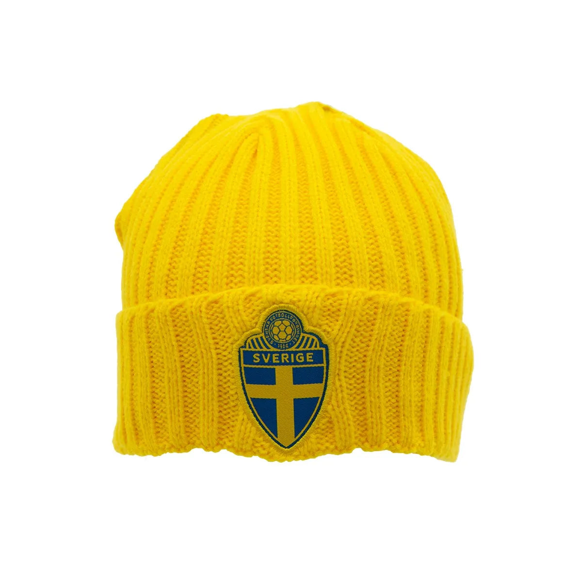 Stickad mössa med uppvik gul